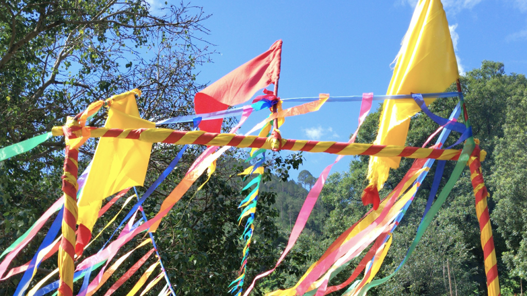 Colorful flags and ribbons waving in the wind during Hackettstown Maifest 2025 celebration.