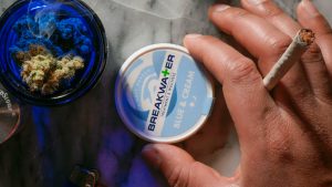 Breakwater Blue & Cream cannabis flower and pre-roll with product container at High Street Dispensary in New Jersey